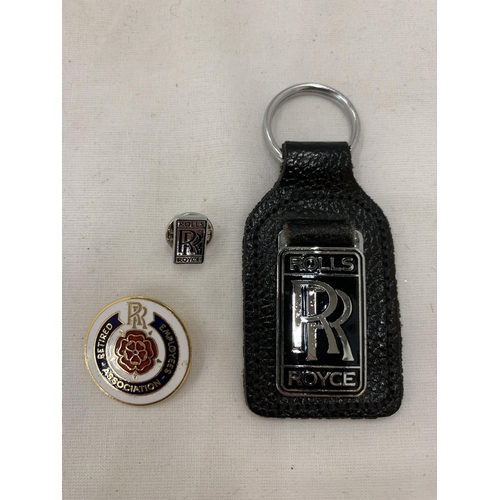 173 - TWO ROLLS ROYCE BADGES AND A KEY FOB