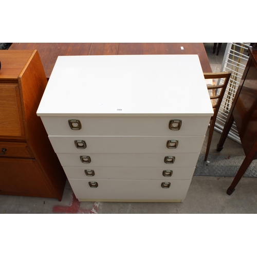 2908 - A WHITE 1970'S CHREST OF FIVE DRAWERS WITH METAL HANDLES, 30