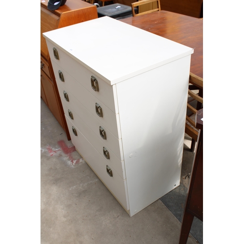 2908 - A WHITE 1970'S CHREST OF FIVE DRAWERS WITH METAL HANDLES, 30