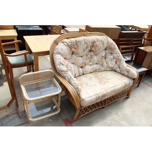 2917 - A MODERN BAMBOO SETTEE AND A SMALL GLASS TOP TABLE