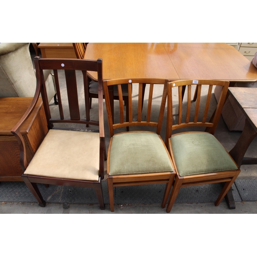 2925 - AN EDWARDIAN MAHOGANY AND INLAID CARVER CHAIR AND A PAIR OF BEECH KITCHEN CHAIRS