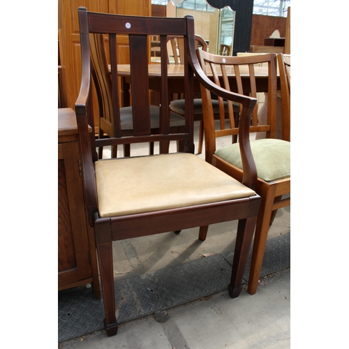 2925 - AN EDWARDIAN MAHOGANY AND INLAID CARVER CHAIR AND A PAIR OF BEECH KITCHEN CHAIRS