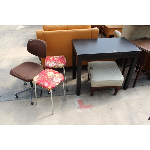 2927 - A MODERN BLACK DRAW-LEAF TABLE, UPHOLSTERED STOOL ON TURNED LEGS, OFFICE CHAIR AND A PAIR OF CHROME ... 