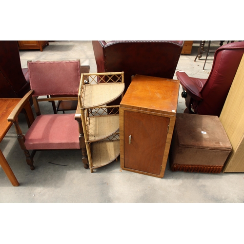 2954 - A MID 20TH CENTURY OAK CHILDS ELBOW CHAIR, BAMBOO AND WICKER CORNER STAND AND WALNUT LOCKER