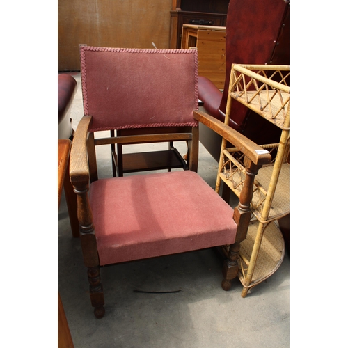 2954 - A MID 20TH CENTURY OAK CHILDS ELBOW CHAIR, BAMBOO AND WICKER CORNER STAND AND WALNUT LOCKER