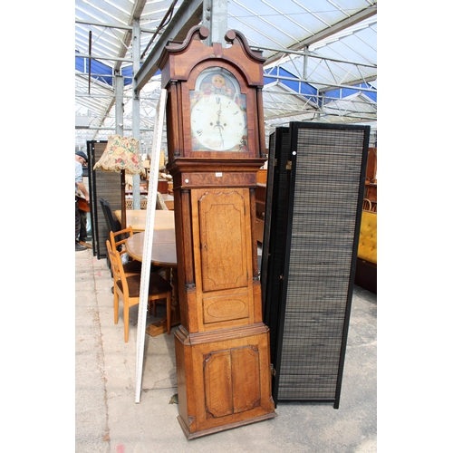 2973 - A 19TH CENTURY OAK AND MAHOGANY INLAID EIGHT DAY LONG CASE CLOCK WITH PAINTED ENAMEL DIAL DEPICTING ... 