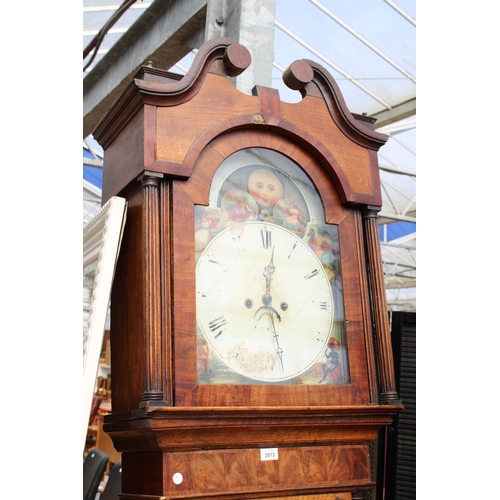 2973 - A 19TH CENTURY OAK AND MAHOGANY INLAID EIGHT DAY LONG CASE CLOCK WITH PAINTED ENAMEL DIAL DEPICTING ... 