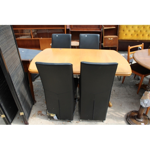 2977 - A MODERN HARDWOOD EXTENDING DINING TABLE AND FOUR BLACK FAUX LEATHER CHAIRS