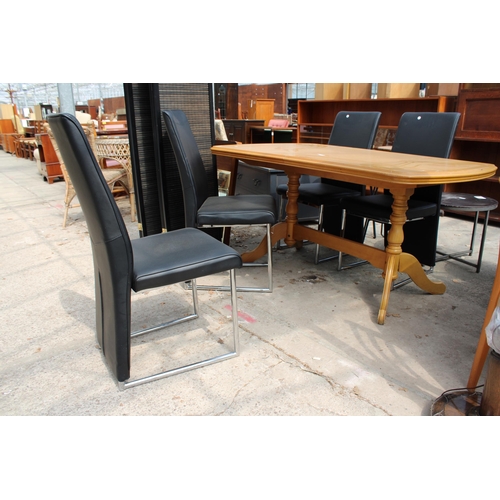 2977 - A MODERN HARDWOOD EXTENDING DINING TABLE AND FOUR BLACK FAUX LEATHER CHAIRS