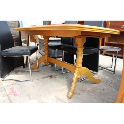 2977 - A MODERN HARDWOOD EXTENDING DINING TABLE AND FOUR BLACK FAUX LEATHER CHAIRS