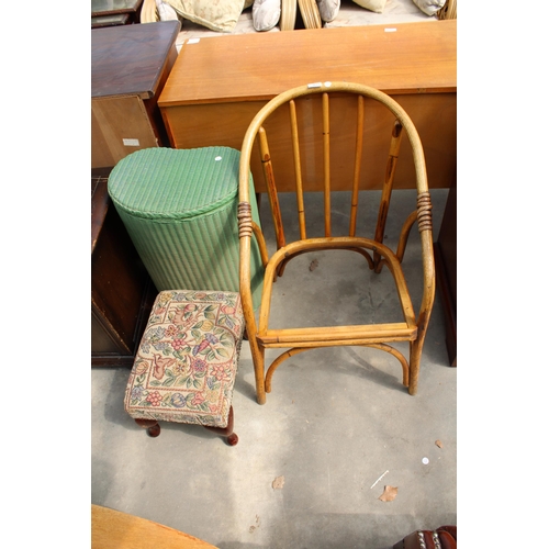 3015 - A LLOYD LOOM LINEN BASKET, SMALL CABRIOLE LEG STOOL AND A BENTWOOD CHAIR