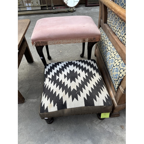 3056 - TWO MODERN STOOLS AND AN ART NOUVEAU INFLUENCE LOW TABLE