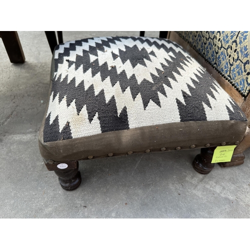 3056 - TWO MODERN STOOLS AND AN ART NOUVEAU INFLUENCE LOW TABLE