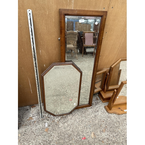 3081 - AN OAK OCTAGONAL MIRROR AND AN INLAID MAHOGANY MIRROR