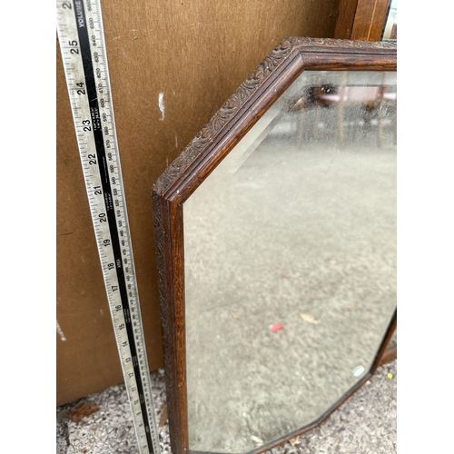 3081 - AN OAK OCTAGONAL MIRROR AND AN INLAID MAHOGANY MIRROR