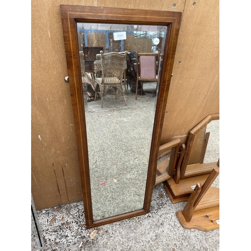 3081 - AN OAK OCTAGONAL MIRROR AND AN INLAID MAHOGANY MIRROR