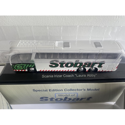 377 - FOUR BOXED STOBART VEHICLES TO INCLUDE TWO COACHES (WITH COA) AND TWO HORSE BOXES