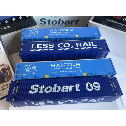 382 - THREE BOXED STOBART WAGONS (ONE WITH COA) AND FOUR CONTAINERS