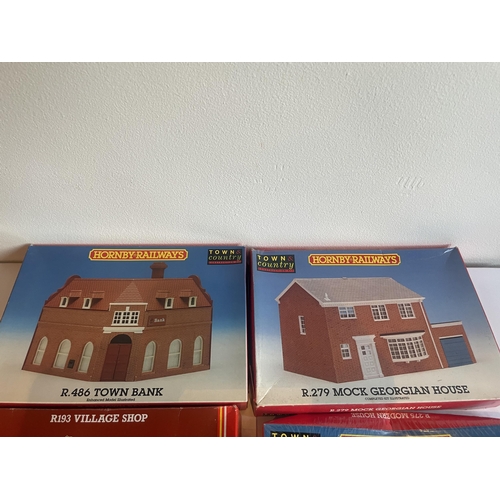 421 - FIVE AS NEW AND BOXED HORNBY 00 GAUGE RAILWAY MODEL BUILDINGS TO INCLUDE A BANK, VILLAGE SHOP, BELL ... 