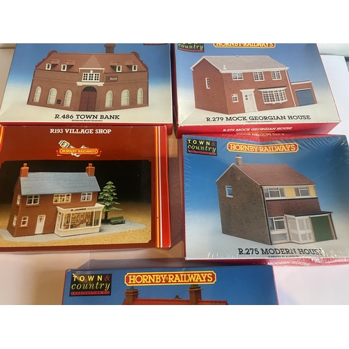 421 - FIVE AS NEW AND BOXED HORNBY 00 GAUGE RAILWAY MODEL BUILDINGS TO INCLUDE A BANK, VILLAGE SHOP, BELL ... 