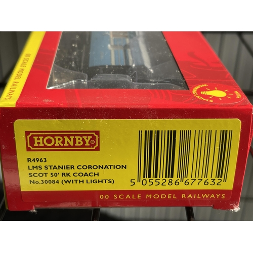 429 - THREE BOXED HORNBY 00 GAUGE CARRIAGES TO INCLUDE A BRAKE STANDARD OPEN, AN LMS STANIER CORONATION SC... 