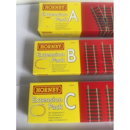 459 - FIVE BOXED HORNBY 00 GAUGE TRACK EXTENSION PACKS TO INCLUDE A,B,C,E AND F