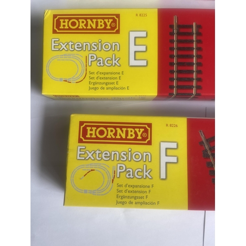 459 - FIVE BOXED HORNBY 00 GAUGE TRACK EXTENSION PACKS TO INCLUDE A,B,C,E AND F