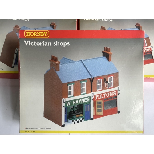 461 - FOUR BOXED HORNBY 00 GAUGE MODEL BUILDING KITS TO INCLUDE THREE VICTORIAN SHOPS AND A LOW RELIEF THE... 