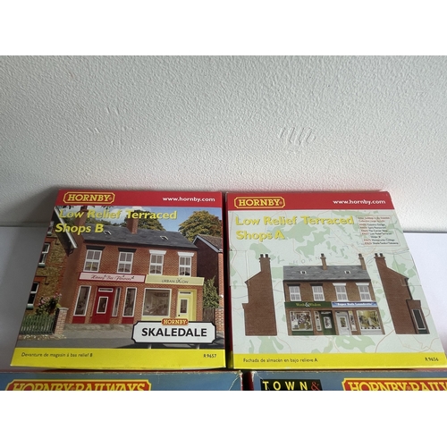 462 - FIVE BOXED HORNBY 00 GAUGE MODEL BUILDING KITS TO INCLUDE THREE VICTORIAN SHOPS AND  LOW RELIEF TERR... 