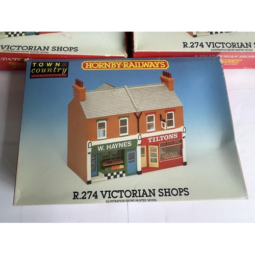 462 - FIVE BOXED HORNBY 00 GAUGE MODEL BUILDING KITS TO INCLUDE THREE VICTORIAN SHOPS AND  LOW RELIEF TERR... 