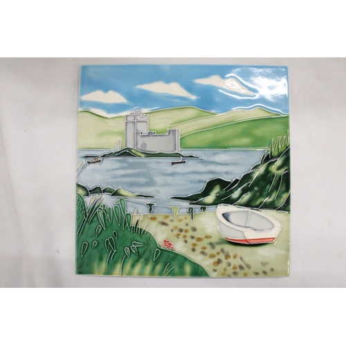 104 - TWO HAND PAINTED CERAMIC TILES TO INCLUDE KISIMUL CASTLE PLUS A INDOOR CAFE SCENE