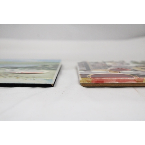 104 - TWO HAND PAINTED CERAMIC TILES TO INCLUDE KISIMUL CASTLE PLUS A INDOOR CAFE SCENE