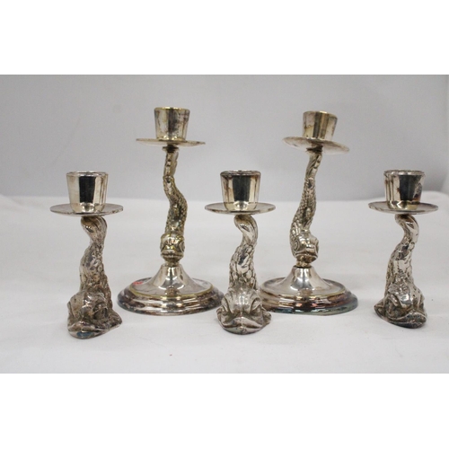 106 - TWO VINTAGE ORNATE SILVER PLATED KOI CARP CANDLE HOLDERS PLUS THREE FURTHER KOI FISH CANDLE STICKS S... 