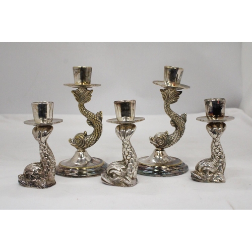 106 - TWO VINTAGE ORNATE SILVER PLATED KOI CARP CANDLE HOLDERS PLUS THREE FURTHER KOI FISH CANDLE STICKS S... 