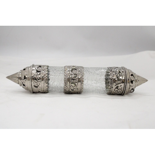 127 - A FAR EAST SILVER PLATE AND CRACKLE GLASS SCROLL HOLDER