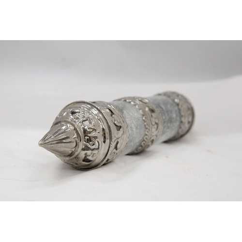 127 - A FAR EAST SILVER PLATE AND CRACKLE GLASS SCROLL HOLDER