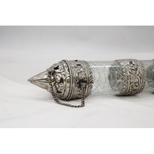 127 - A FAR EAST SILVER PLATE AND CRACKLE GLASS SCROLL HOLDER