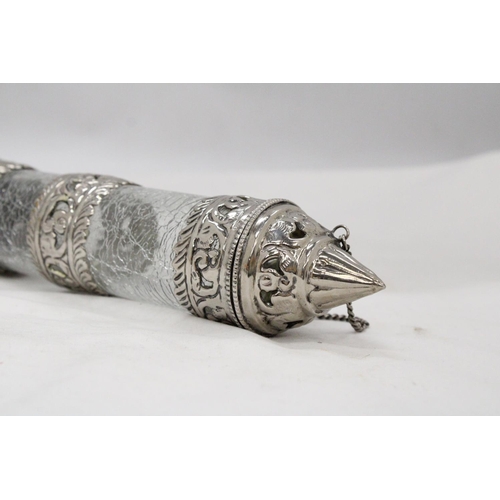 127 - A FAR EAST SILVER PLATE AND CRACKLE GLASS SCROLL HOLDER