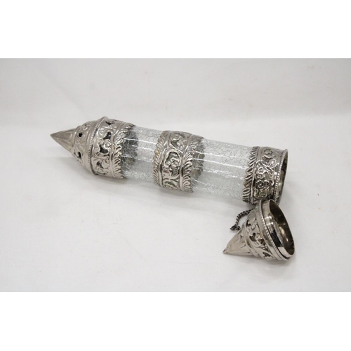 127 - A FAR EAST SILVER PLATE AND CRACKLE GLASS SCROLL HOLDER