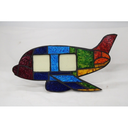 128 - AN UNUSUAL VINTAGE TIFFANY GLASS AEROPLANE PHOTO STAND 12 X 6 