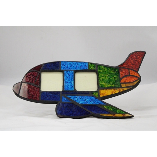 128 - AN UNUSUAL VINTAGE TIFFANY GLASS AEROPLANE PHOTO STAND 12 X 6 