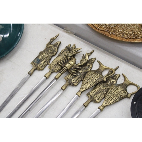 129 - SEVEN VINTAGE BRASS MEAT SKEWERS, LOBSTER, URNS AND WARRIORS - 17 INCH LONG