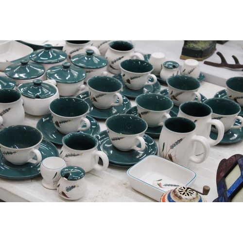 131 - A LARGE QUANTITY OF DENBY GREENWHEAT STONEWARE TO INCLUDE LIDDED SOUP COUPE'S, TEACUPS AND SAUCERS, ... 