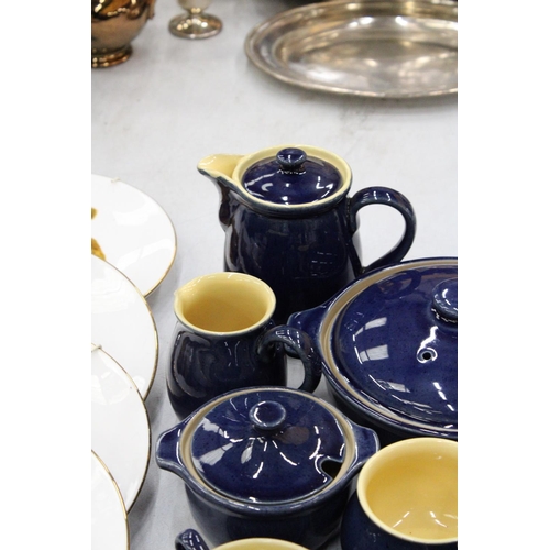 137 - A QUANTITY OF DENBY COBALT BLUE STONEWARE TO INCLUDE A COFFEEPOT, LIDDED TUREEN, CUPS AND SAUCERS, M... 