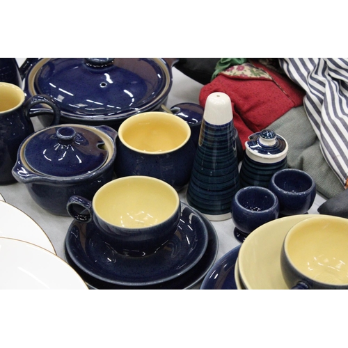 137 - A QUANTITY OF DENBY COBALT BLUE STONEWARE TO INCLUDE A COFFEEPOT, LIDDED TUREEN, CUPS AND SAUCERS, M... 