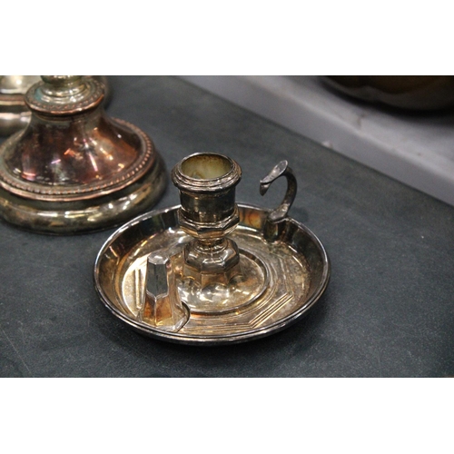 153 - A QUANTITY OF SILVER PLATE TO INCLUDE TWO CANDLEABRAS AND A'WEE WILLIE WINKIE' CANDLESTICK WITH SNUF... 