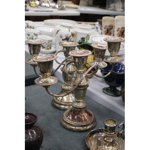 153 - A QUANTITY OF SILVER PLATE TO INCLUDE TWO CANDLEABRAS AND A'WEE WILLIE WINKIE' CANDLESTICK WITH SNUF... 