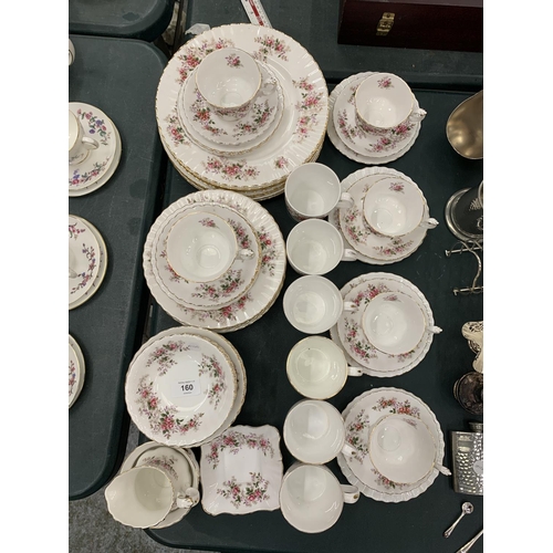 160 - A QUANTITY OF ROYAL ALBERT 'LAVENDER ROSE' CHINA TO INCLUDE, VARIOUS SIZES OF PLATES, A CREAM JUG, S... 