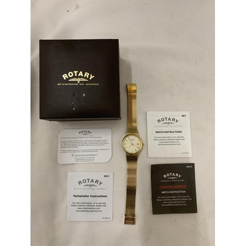 167 - A VINTAGE ROTARY WRISTWATCH WITH YELLOW METAL STRAP, BOXED