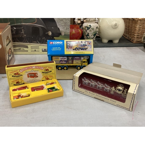 304 - AN ASSORTMENT OF BOXED MODELS TO INCLUDE A MATCHBOX HER MAJESTY'S GOLD STATE COACH, A MATCHBOX 40TH ... 